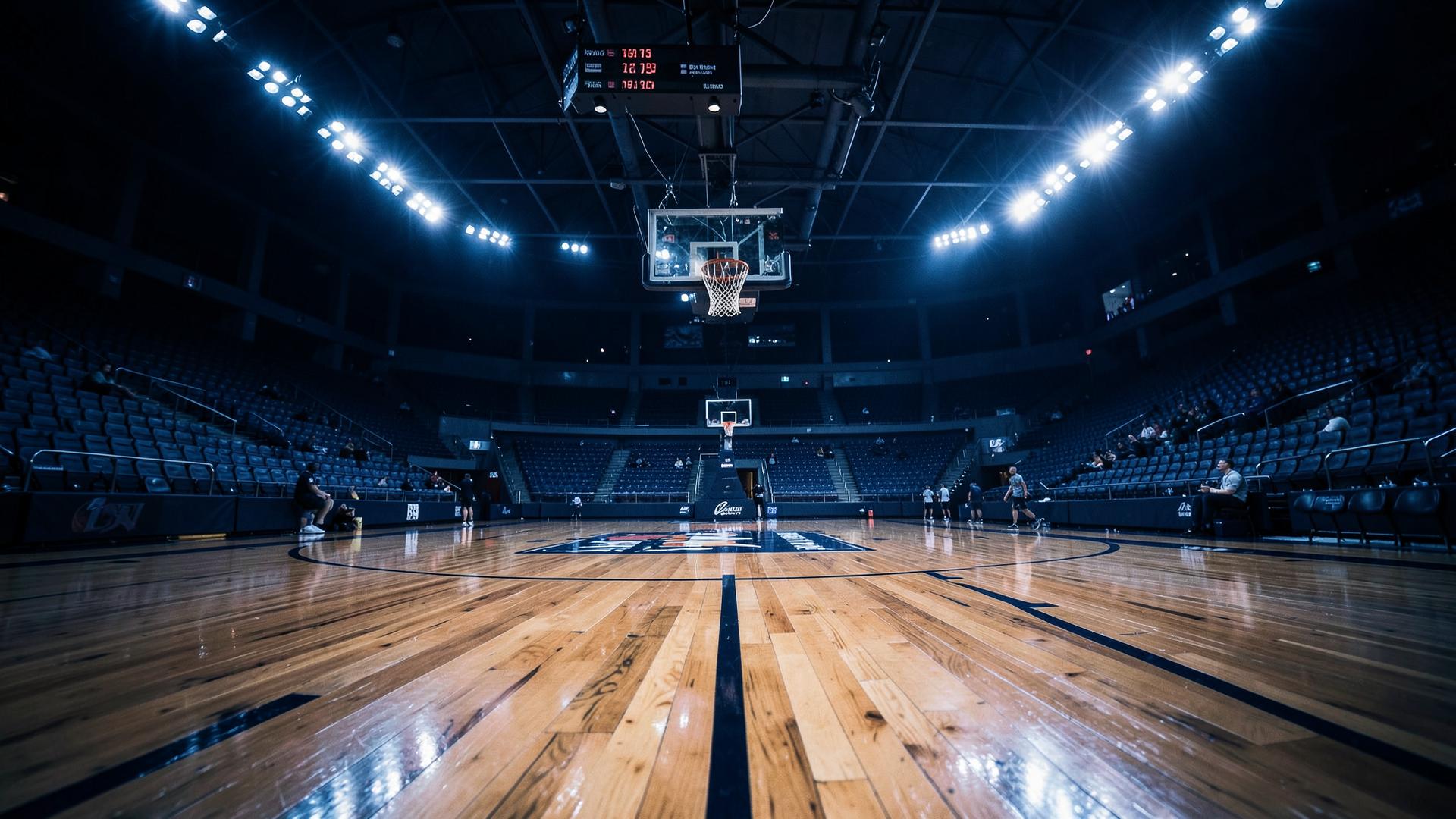 Riverview Health Arena court under bright arena lights